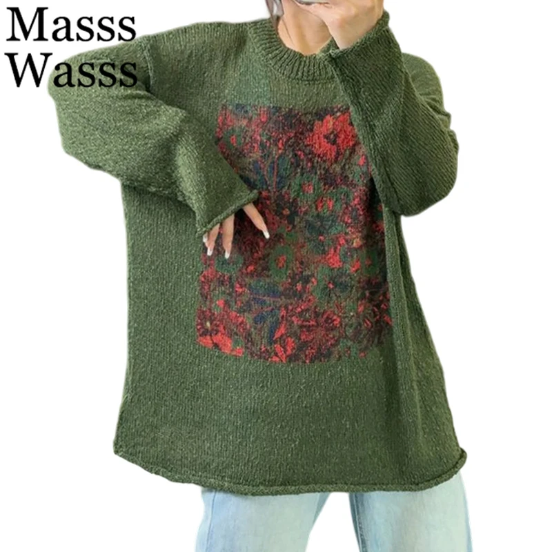 

Masss Wasss 2025 Fall Printed Design Jumpers Womens Fashion Loose Floral Sweaters Ladies Casual Vintage O Neck Big Size Pullover