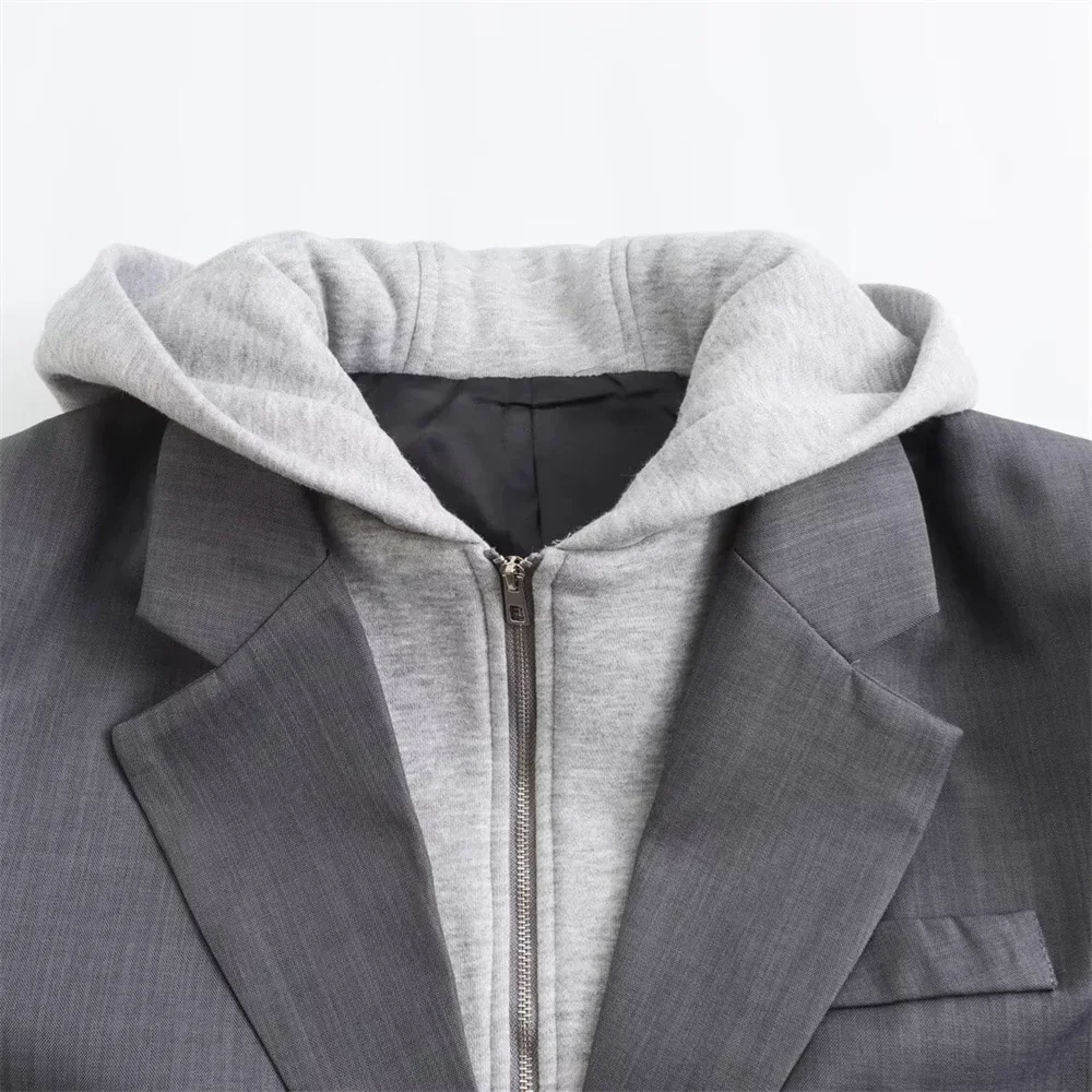 2025 Neuer Damen-Blazer für Street Commuter, lässig, vielseitig, einreihig, dekorativ, mit Kapuze und Nähten, gefälschter zweiteiliger Blazer