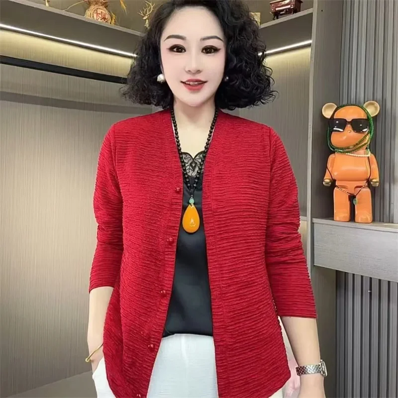 Middle-Aged Mothers Cardigan Coat Women 2025 Spring Autumn New Ladies Jacket Thin Bottoming Shirts Plus Size 5XL Outerwear Top