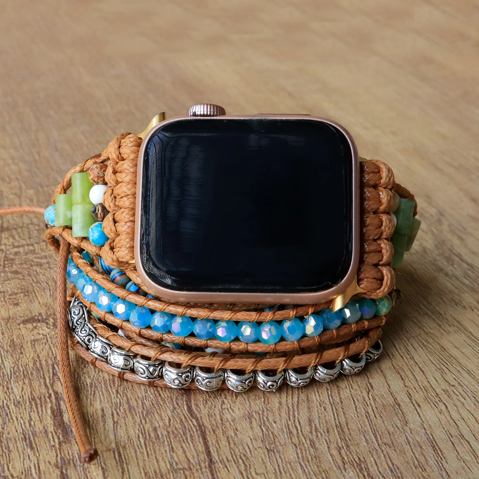 Handcrafted 5 layers Malachite Stone Apple Watch Band 38-45mm Healing Stone Apple Watch Strap Wrist Bracelet for Apple Watch