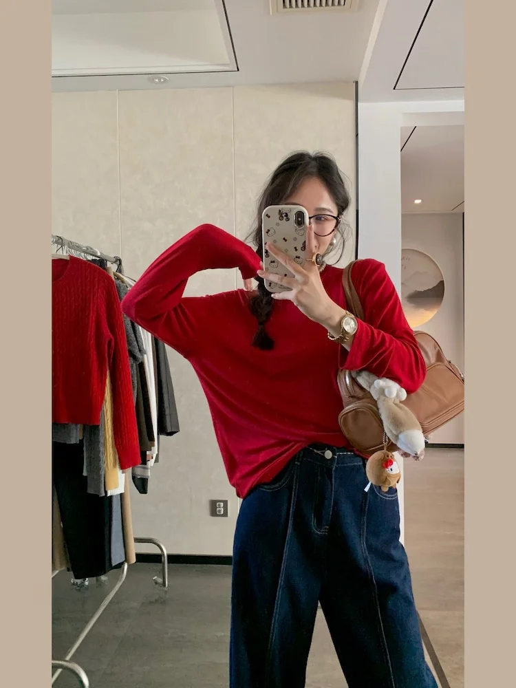 

Moizj Casual round Ne Long Sve Women's T-irt Loose Fit Comfortable Spring Autumn Top Polyester Viscose Spandex Blend