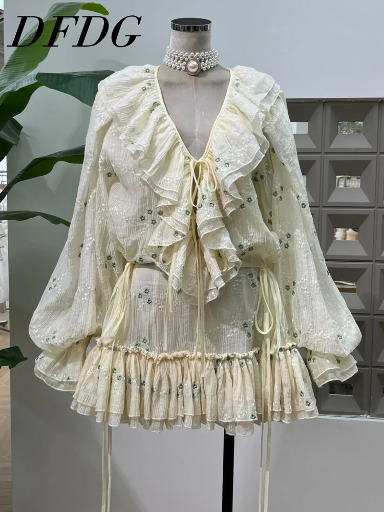 

DFDG 2025 Women’s Embroidered French Vacation Dress With Drawstring Waist Ruffle Puff Sleeves V-Neck Lightweight Spring Summer