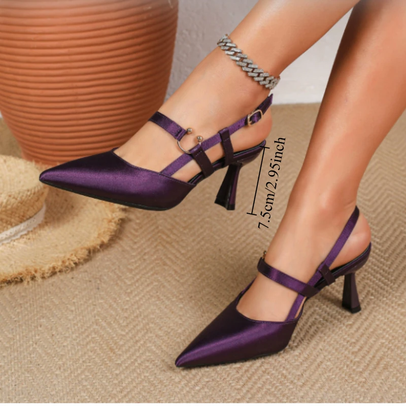 Women's Pointed Toe High Heel Sandals Elegant Purple Bow Slingback Shoes Summer Versatile Mid Heels Ladies Party Wedding Pumps - view 3