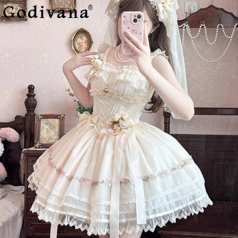 Lolita original vestido de bolo diário feminino bonito doce princesa saia inchada feminino verão curto estilo balé vestido lolita