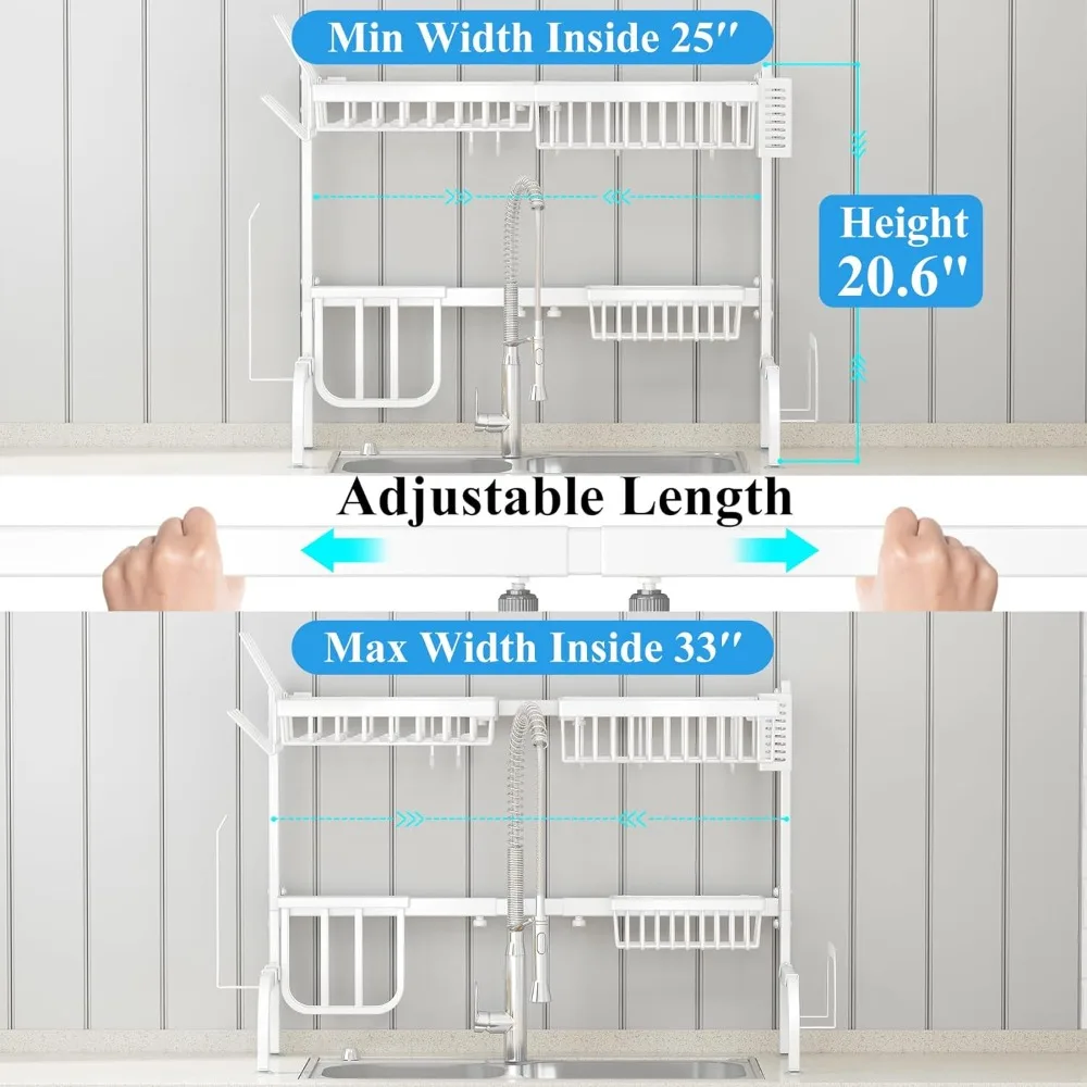 싱크대 위 접시 건조 랙, 조절 가능 (25.5-33.5 인치), 2 단 금속 강철 접시 건조 랙, 주방 카운터, 후