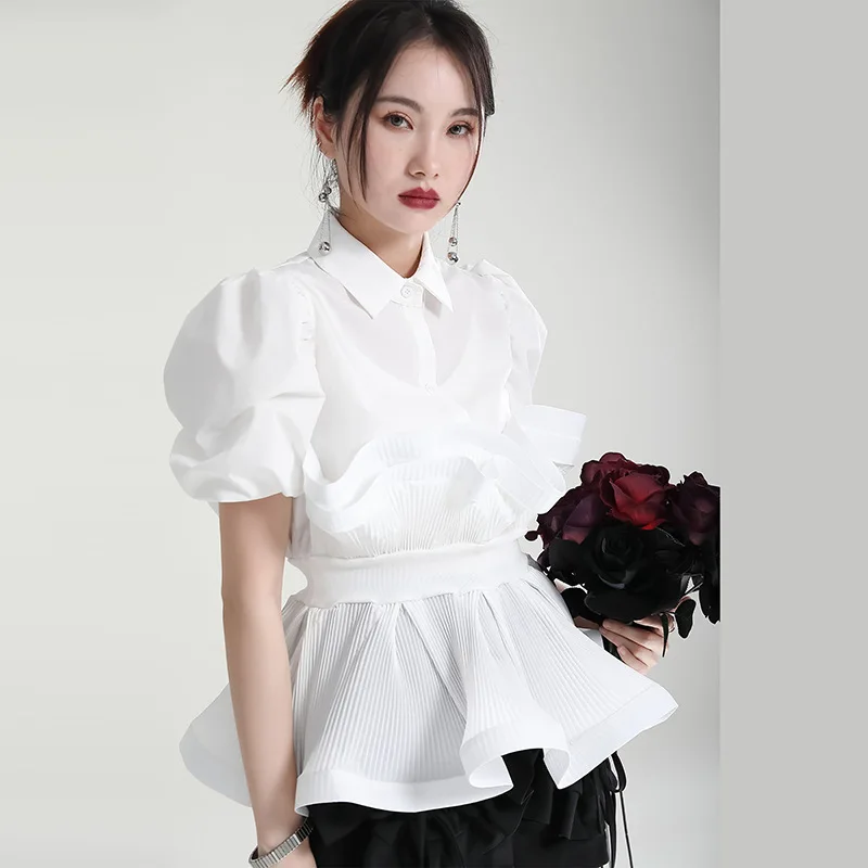 

2024 Summer 3D Petal Waist Wrapped Bubble Sleeves Slim Fit Top with Folded Ruffle Edge Spliced Short sleeved Women's Shirt