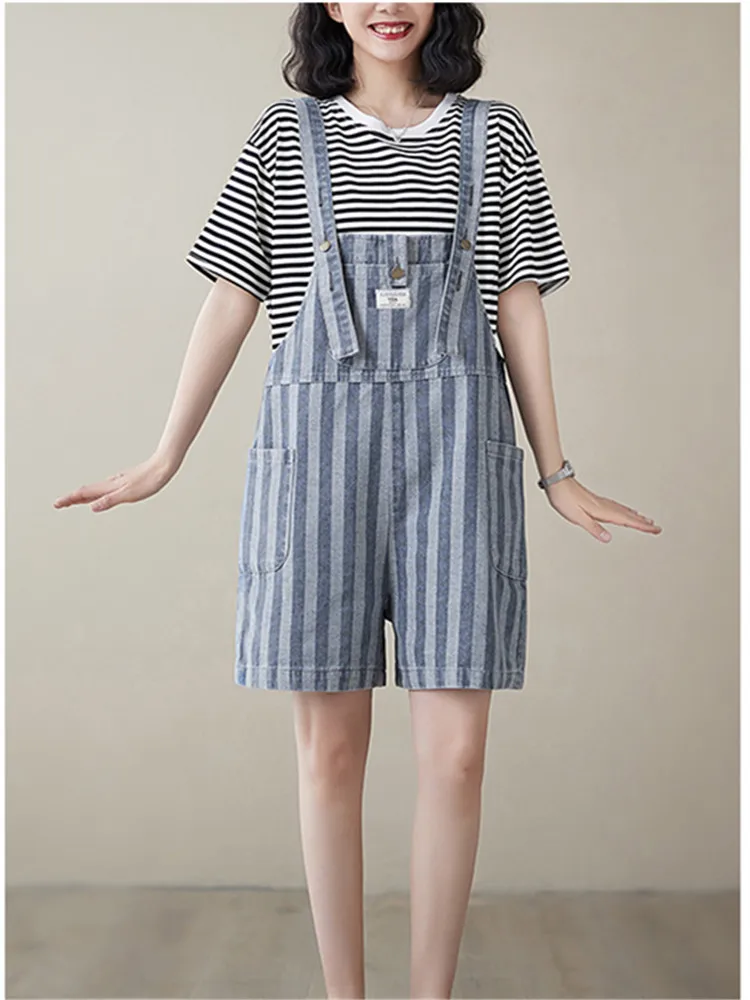 Denim Playsuits Women Vertrical Striped Jumpsuits Loose Wide Leg Short Jumpsuit Sleeveless Spaghetti Strap Rompers Ropa De Mujer