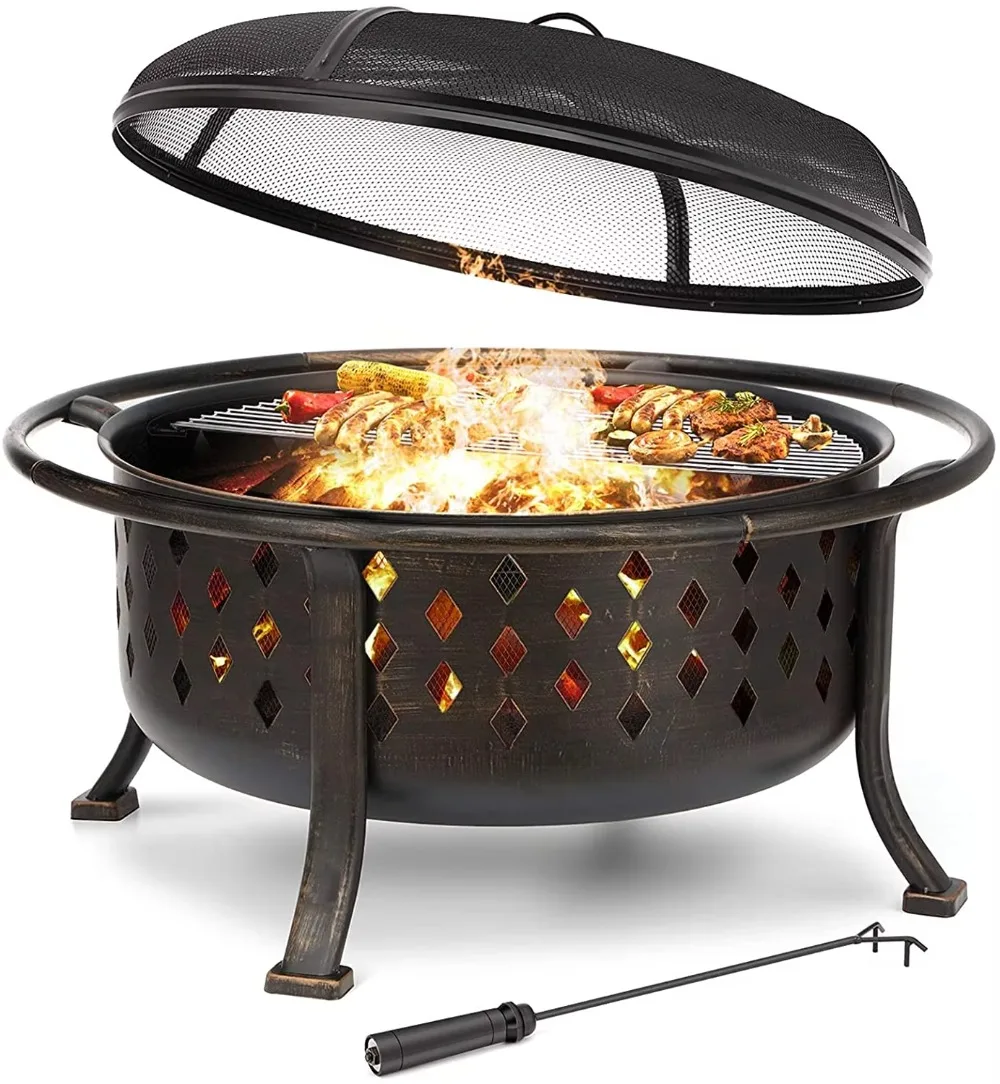 Outdoor  36''  Fire Pit Wood Burning Fire Pits Metal Steel BBQ Grill  Patio Camping  Burning Round BOWL FIRE PIT