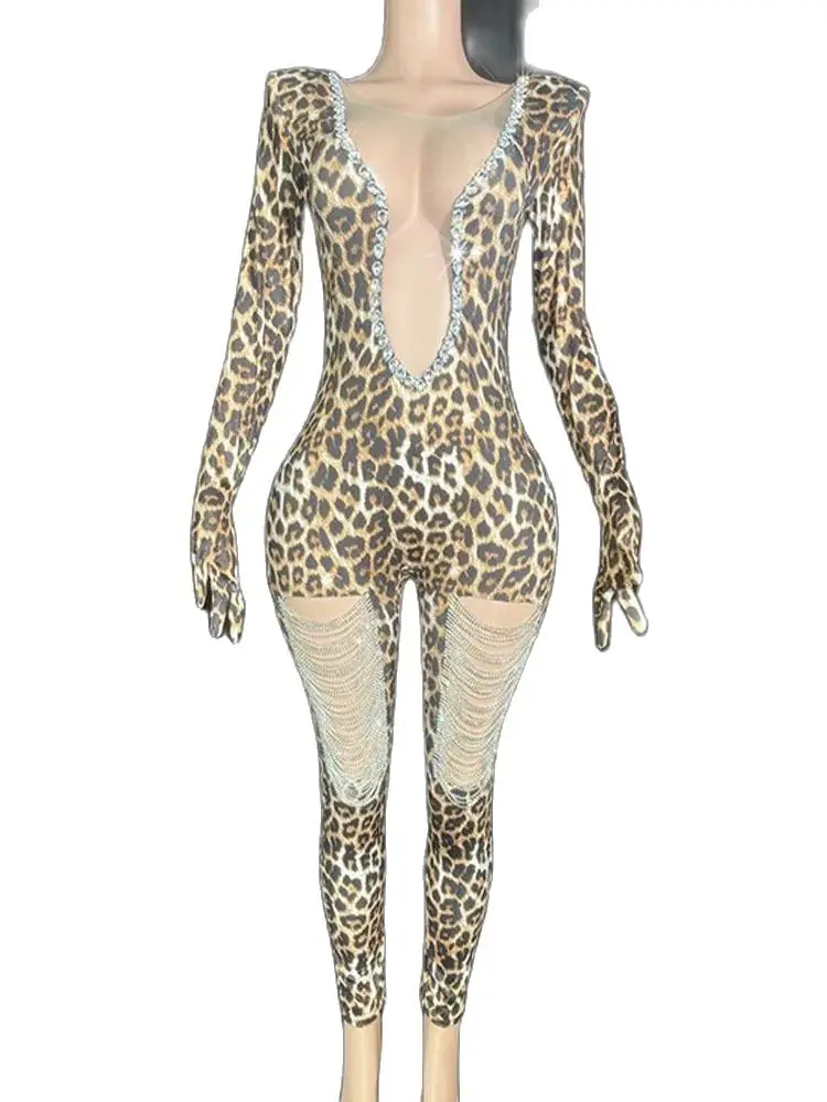 

High Quality Hot Stamping Chain Elastic Leopard Print Jumpsuit 2024 New Fashion Custom Women'S Clothing