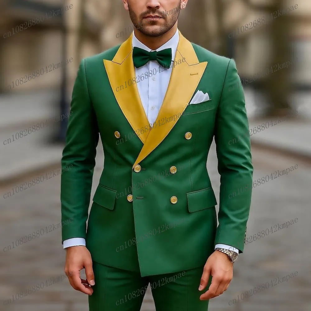 

New Gold Collar Green Men Formal Tuxedos Groom Groomsman Wedding Party Prom Male Business Suit 2 Piece Set Blazer Pants