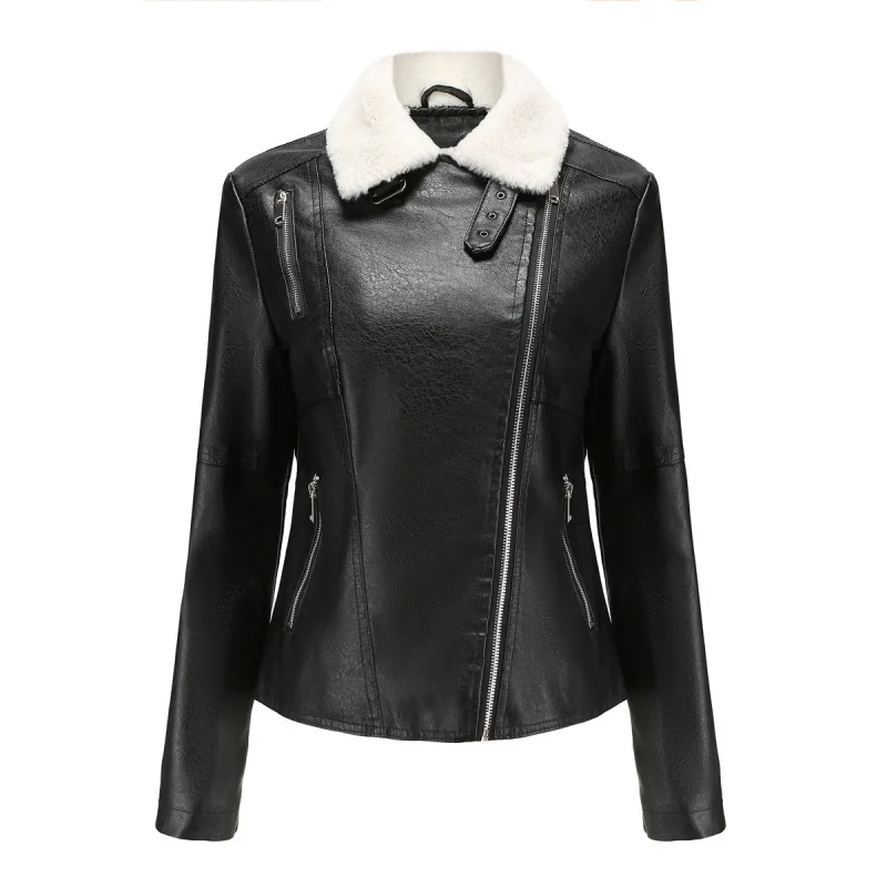 Autumn Winter New Fur-Lined Leather Jacket for Women, Fleece-Lined Long Sleeve Warm Coat, Casual Size