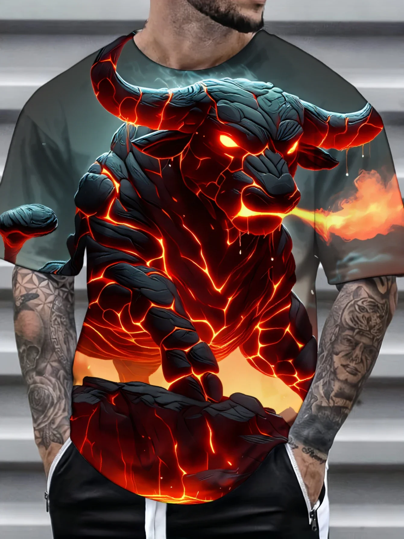 Men Lava Fire Bull 3D Print Short Sleeve Crew Neck Street Casual T-shirt