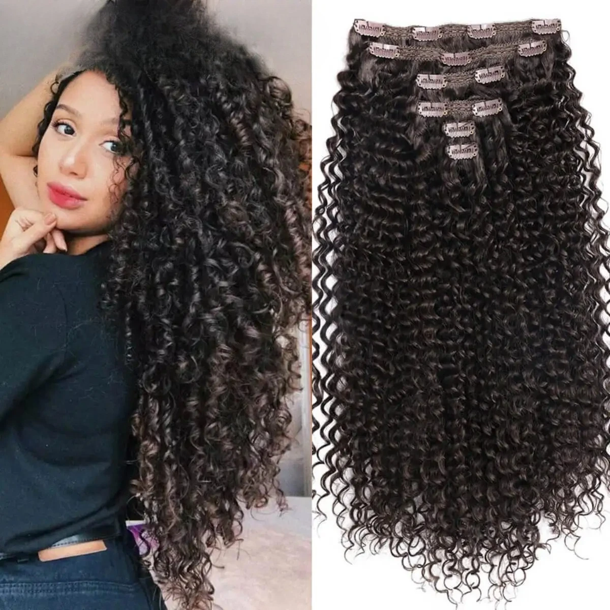 

26'' Curly Hair Extensions Double Weft 6PCS/Set Clip-In Full Head Organic Ice Silk Hairpiece Black/Brown 160g