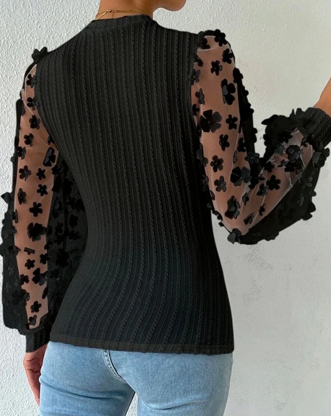 Top Women 2024 Spring Fashion Floral Pattern Sheer Mesh Cable Textured Casual O-Neck Long Sleeve Skinny Daily Semi-Sheer Tee Top