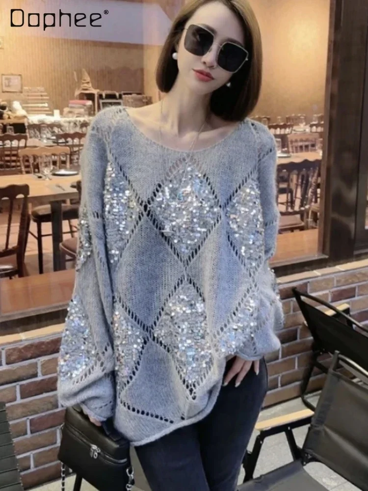 

Heavy Embroidery Sequins Knitwear for Women 2023 Autumn Winter New Loose All-Match round Neck Long Sleeve Hollow out Sweater Top