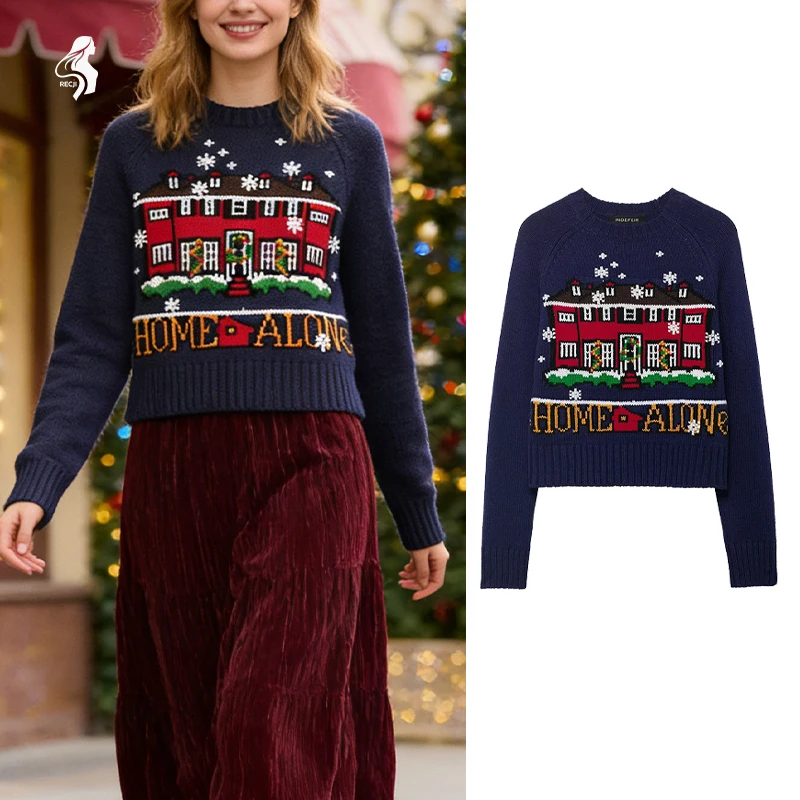 

Home Alone Red House Jacquard Sweater For Women Autumn And Winter Round Neck Short Christmas Casual Knit Top Woman Clothes