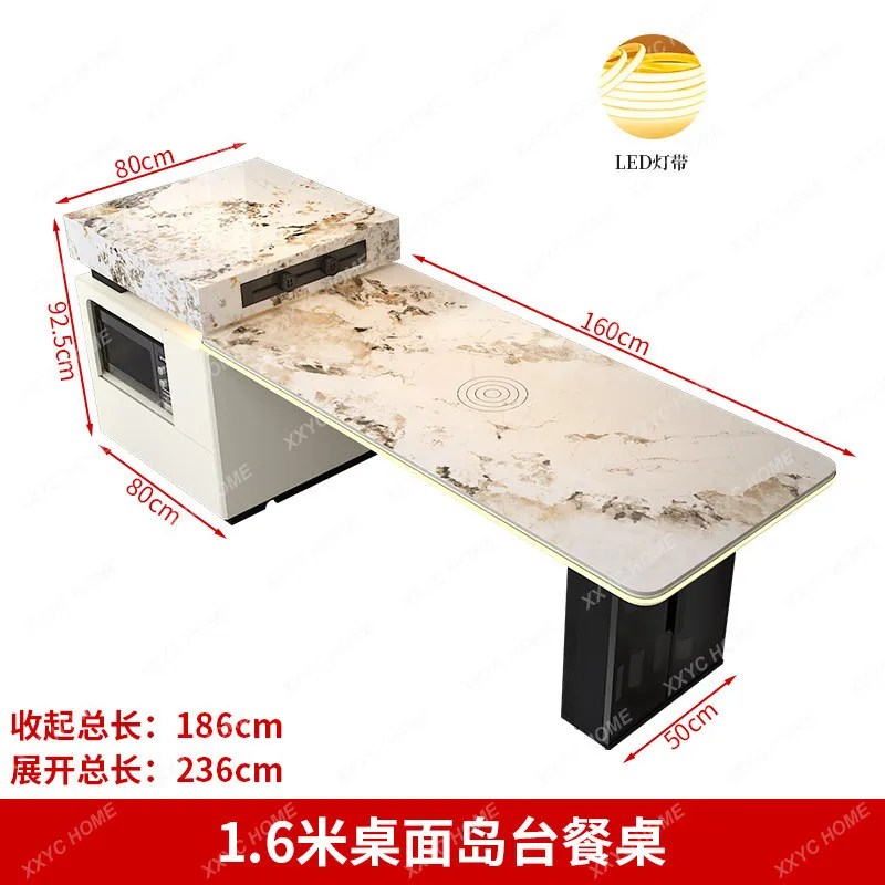 New Model Home Rock Slab Dining Table with Island, Integrated Extendable Kitchen Dining Table