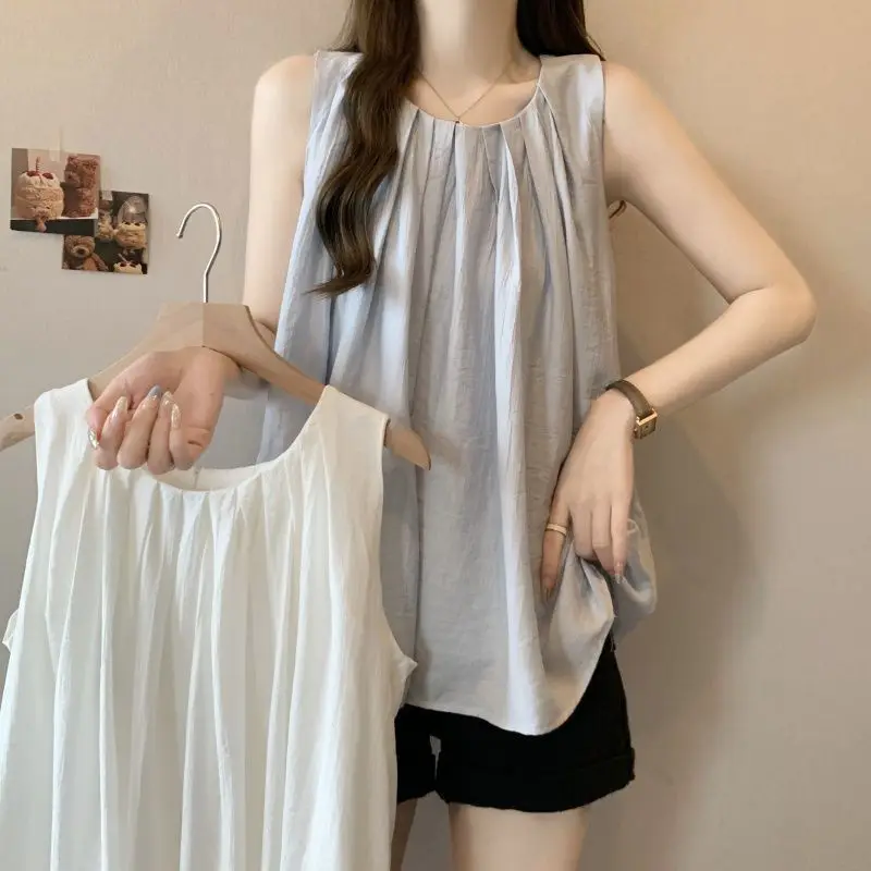 

Large size women's clothing summer new solid color wrinkles loose and thin versatile meat cover round neck sleeveless T-shirt