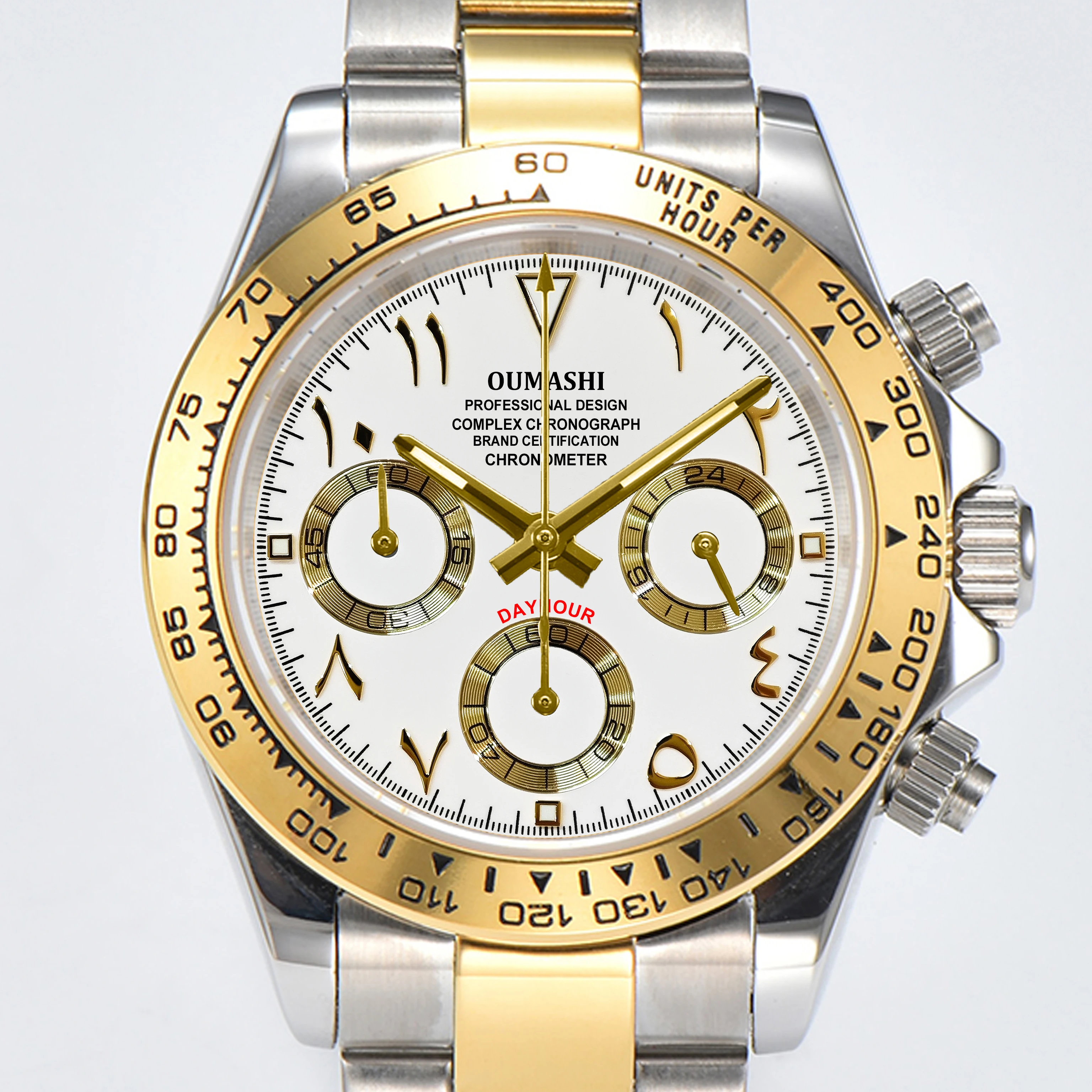 OUMASHI 42 mm goldene Herren-Chronographenuhr mit arabischen Ziffern, VK63, Quarzwerk, C3, leuchtendes, wasserdichtes Saphirglas 3