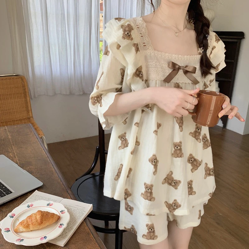 夏新作甘くて可愛いクマ柄スリープウェア レディースレーストリムホームウェア上下セット 若者向け半袖丸首コットンパジャマ 1