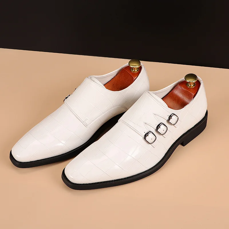 Sapatos de couro de negócios casuais masculinos fivela de dedo do pé quadrado vestido de escritório apartamentos moda festa de casamento oxfords