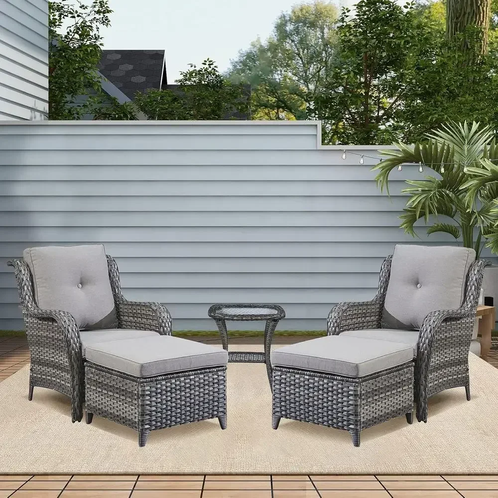 5-Piece Outdoor Wicker Sectional Set with 2 Chairs, 2 Ottomans, and 1 Side Table in Mixed Grey