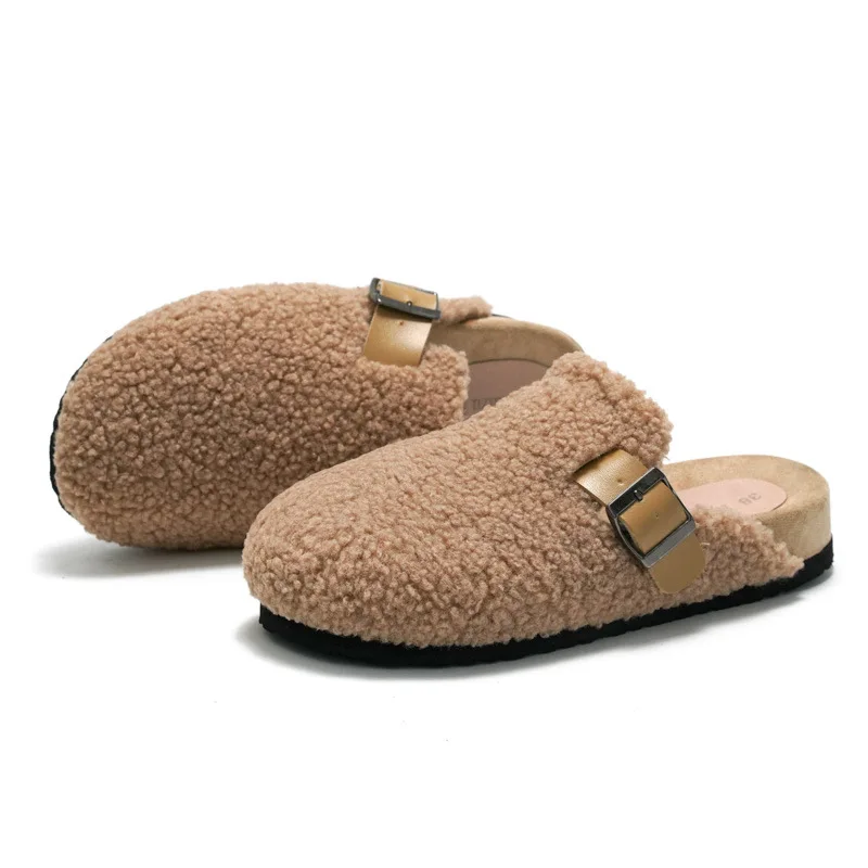

2022 New Fur Slipper Autumn Winter Women Casual Genuine Leather Outside Solid Buckle Cashmere Soft Plush Slides Shoe