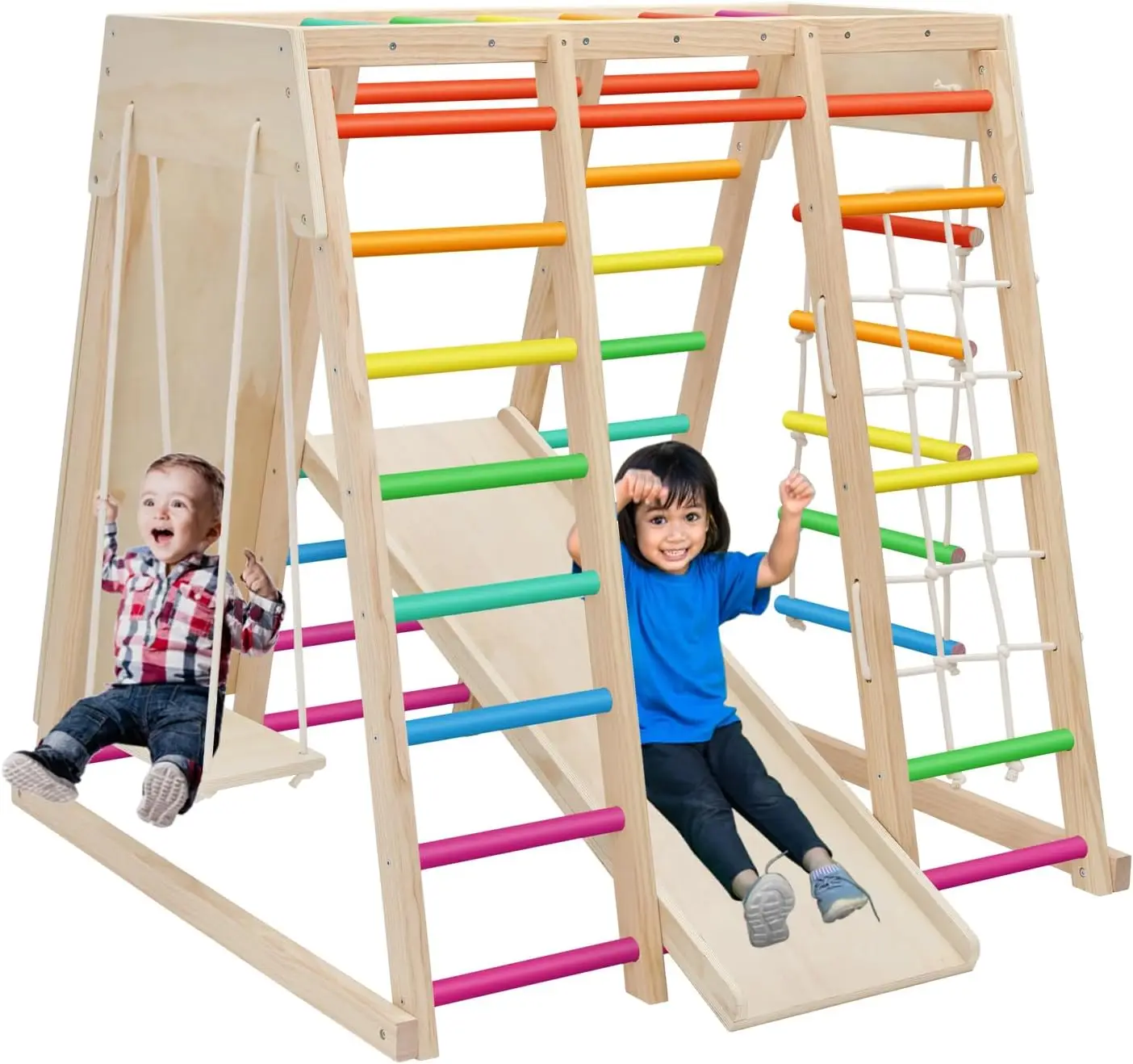 7 in 1 Pikler Indoor Playground Jungle Gym Playset, Wooden Montessori Climber with Slide, Rock Climb Wall, Monkey Bars, Rope Lad