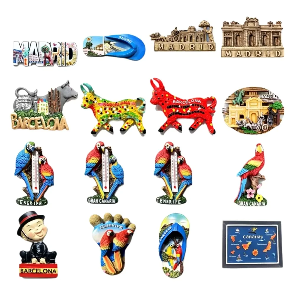 Spanish Tourist Souvenir 3D Fridge Magnet Madrid Barcelona Bull Tenerife Parrot Thermometer Refrigerator Decor Travel Gift
