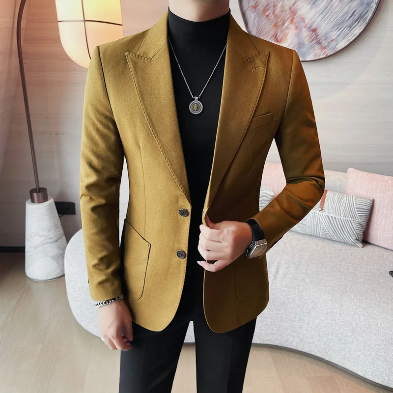 British Style Autumn  Winter Solid Color Suit Jacket Men Thick Warm Casual Business Blazers Slim Fit Social Banquet Party Coats