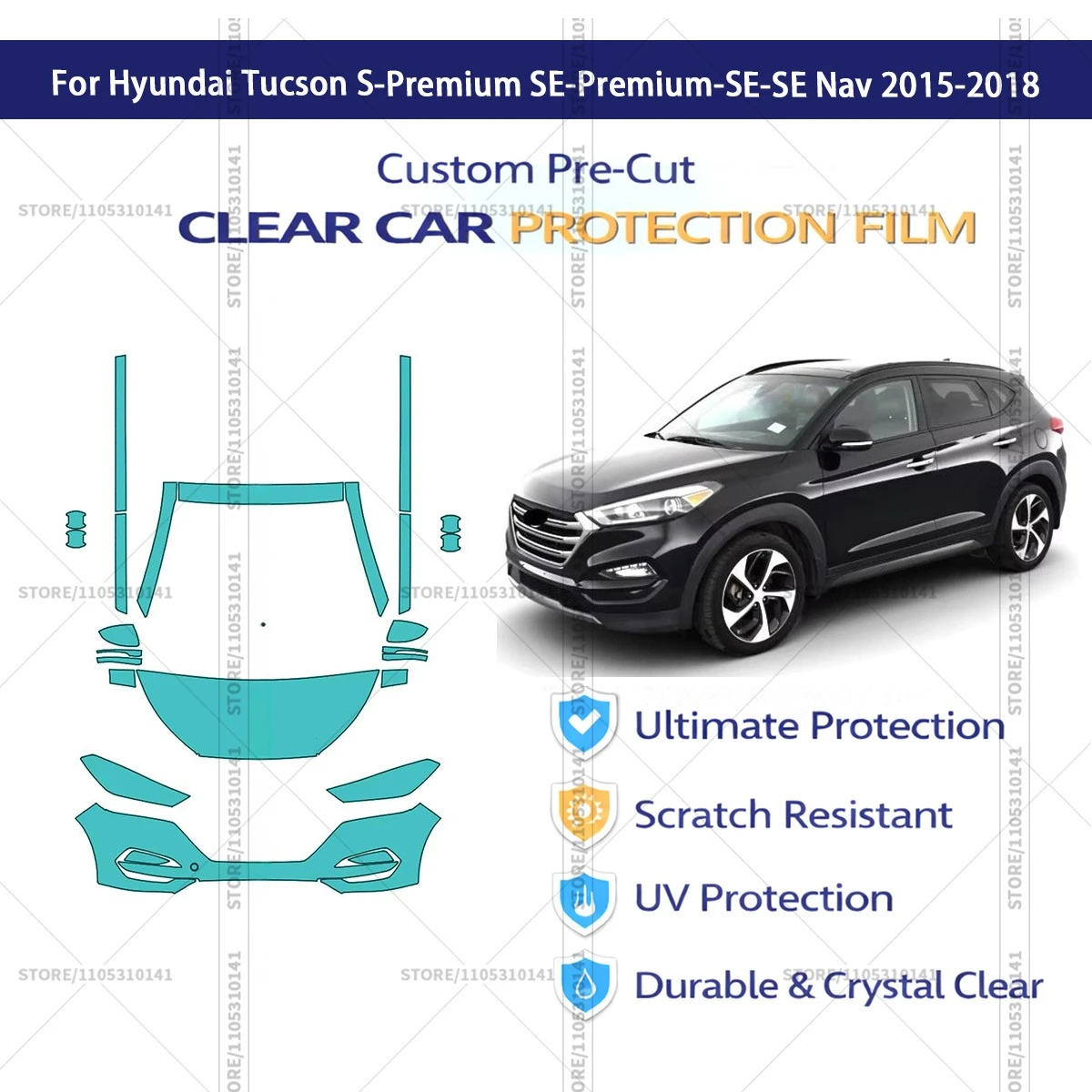 

Для Hyundai Tucson S-Premium SE-Premium-SE-SE Nav 2015-2018: Комплект прозрачной защитной пленки (PPF) для кузова (передняя часть + пороги), 8.5 мил