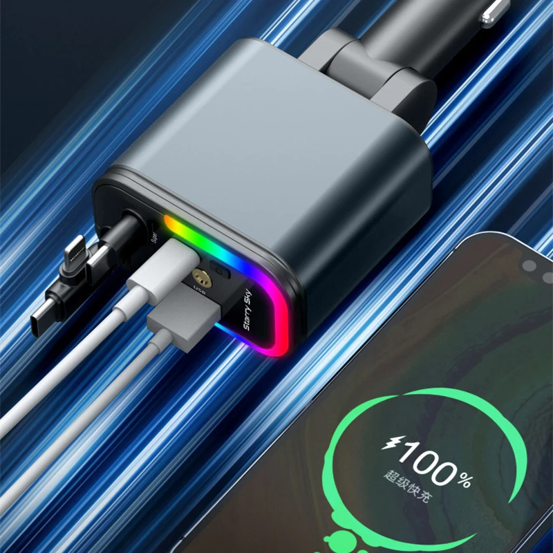 180 W 5 in 1 intrekbare autotelefoonoplader RGB sterrenhemellicht voor PD/QC3.0/SCP/VOOC/FlashCharge/AFC/FlashCharge Protocollen Telefoon