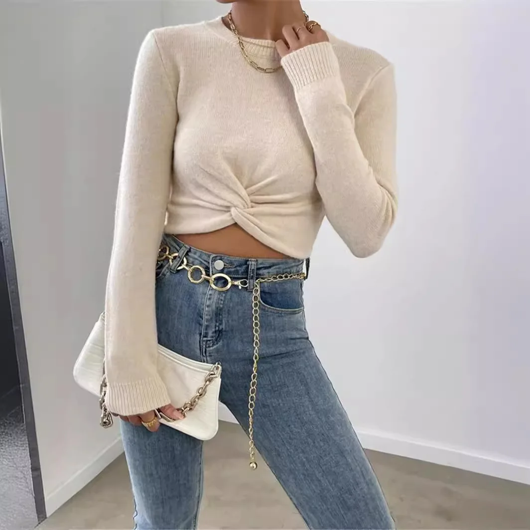 

Women Knitting Crop Top 2025 Autumn Winter Women's Knit Sweater Slim Fit Versatile Crewneck Stylish Cross Design Top