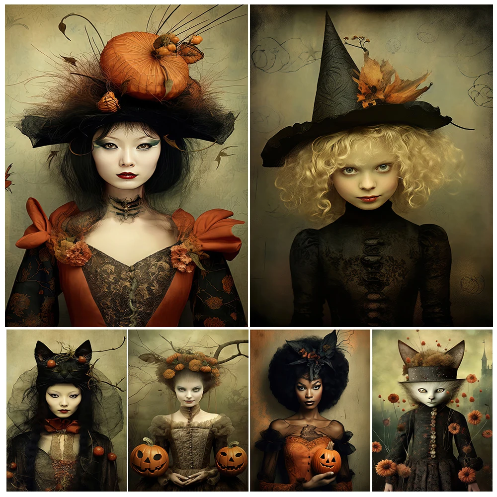 

Bizarre Witches Vintage Wall Art Canvas Painting,Autumn Witch Portrait Gothic Art Poster Print Dark Academia Home Decor Unframed