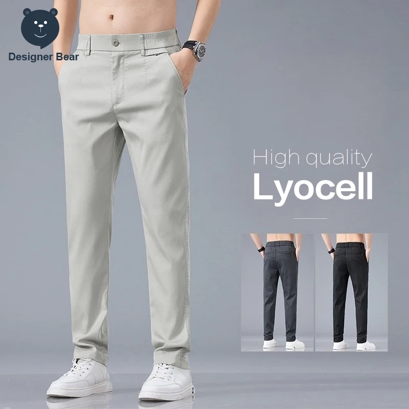 Ropa de marca, pantalones informales de primavera y verano para hombre, pantalones de tela Lyocell con cintura elástica delgada, pantalones largos beige para hombre, talla grande 40