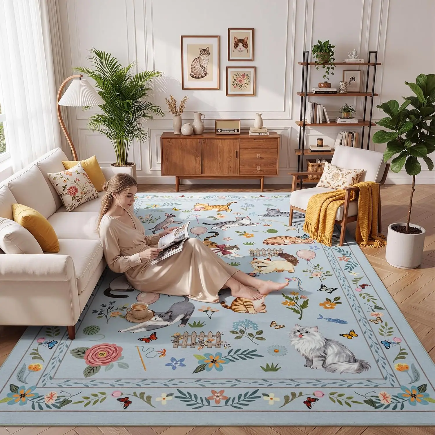 Washable Light Blue Grey Cat Rug, Soft Non Slip Print Carpet, Large Kids Playroom Rug for Living Room Bedroom Dining Room