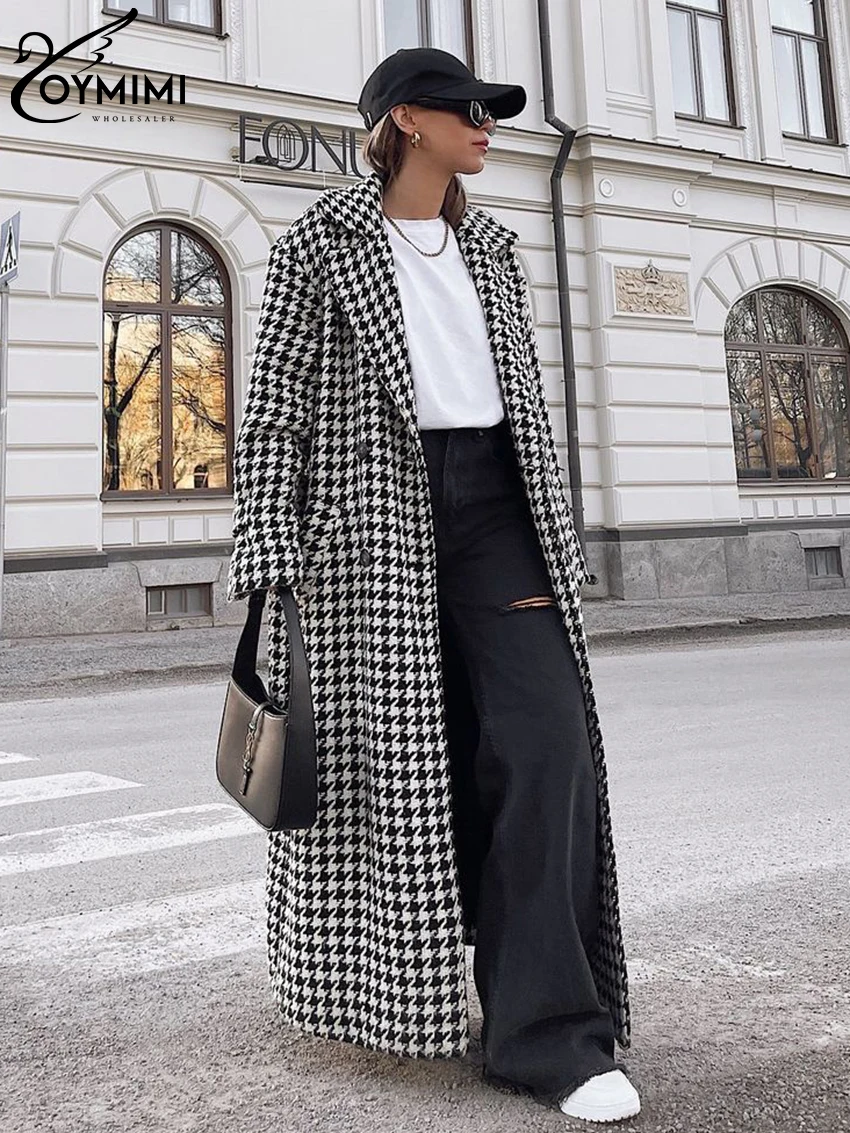 Oymimi Houndstooth Lapel Fashion Trench Overcoat For Women High Waist Cardigan Knit Elegant Patchwork Outfit Loose Female Trench