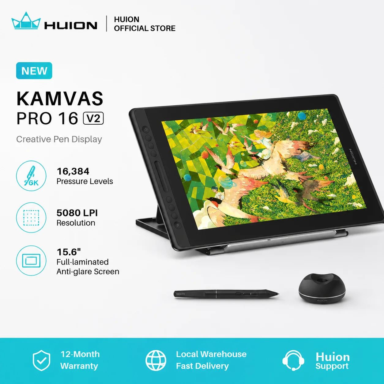 Najnowszy model HUION Kamvas Pro 16 V2 z 2026 roku, 15,6-calowy, w pełni laminowany wyświetlacz graficzny z obsługą 16 poziomów nacisku, inteligentnym panelem dotykowym i 6 przyciskami, tablet graficzny.