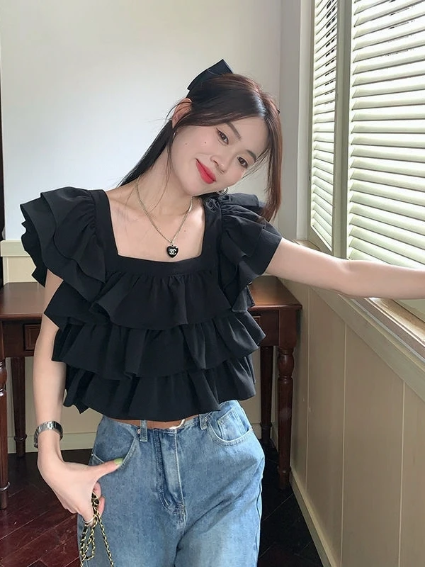Ele Square Collar Ruffle Sve irt Women's ort Design Sense Tie Summer New Sle Anti-Wrinkle Regular Thin