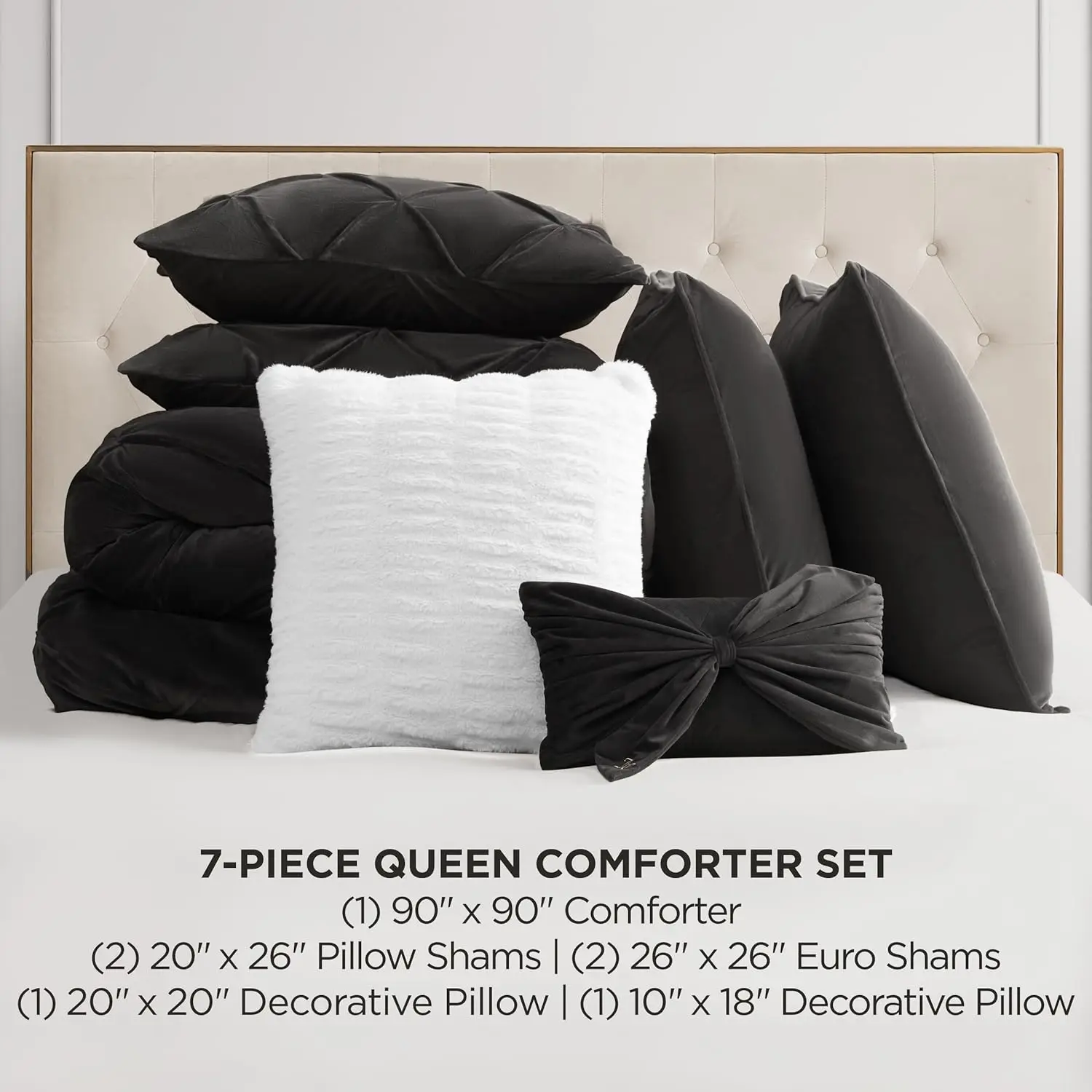 Kiss Pleat Plush Micromink Black Full/Queen Comforter Set With Throw Pillows - Cozy 7 Piece Bedding Ensemble