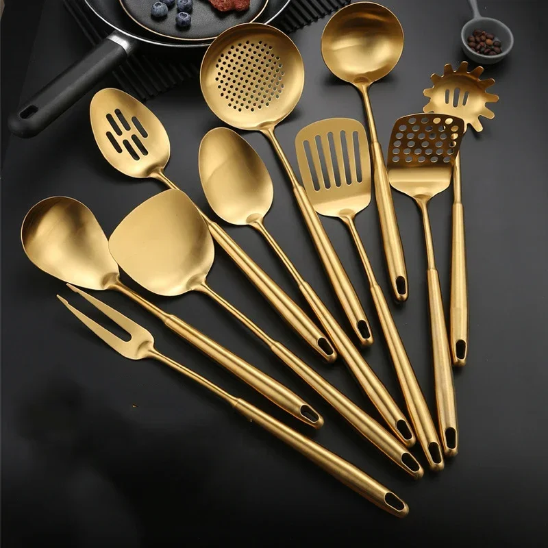 1PC Stainless Steel Kitchen Cookware Gold Cooking Utensils Soup Spoon Eggbeater Food Clip Rice Colander Skimmer Cooking Utensils