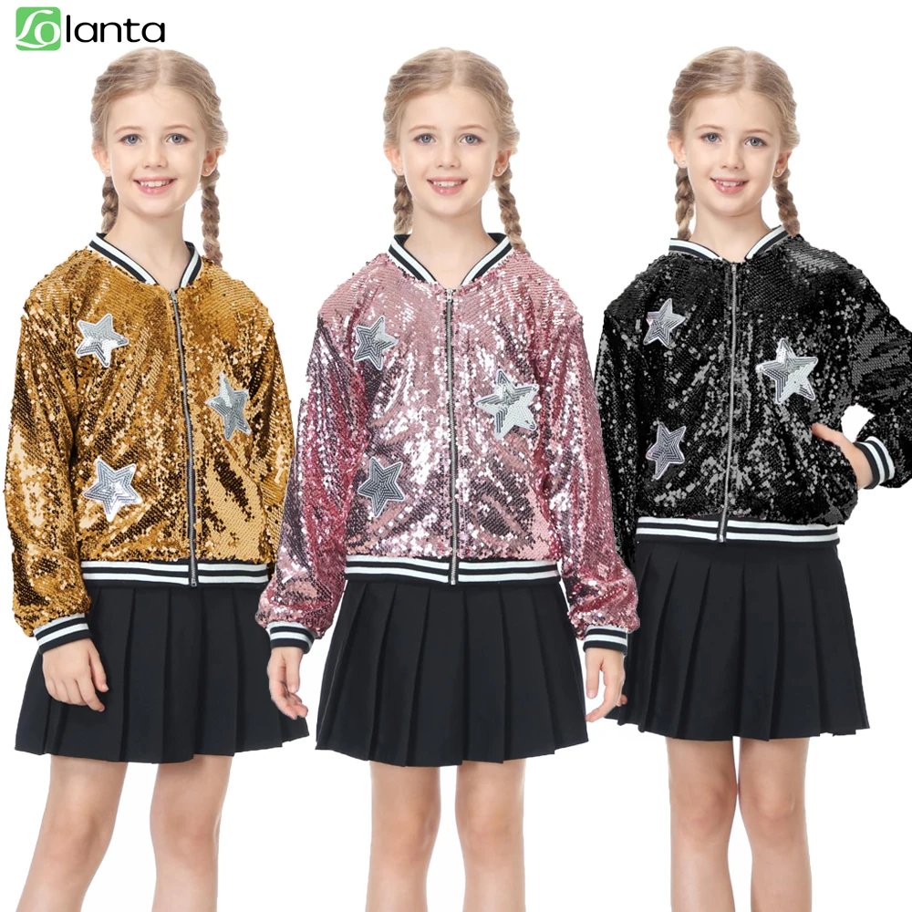 LOlanta Girls Sequin Jacket Long Sleeve Coat Kids Bomber Coats with Pockets Spring Fall Clothes for 4-15 Years