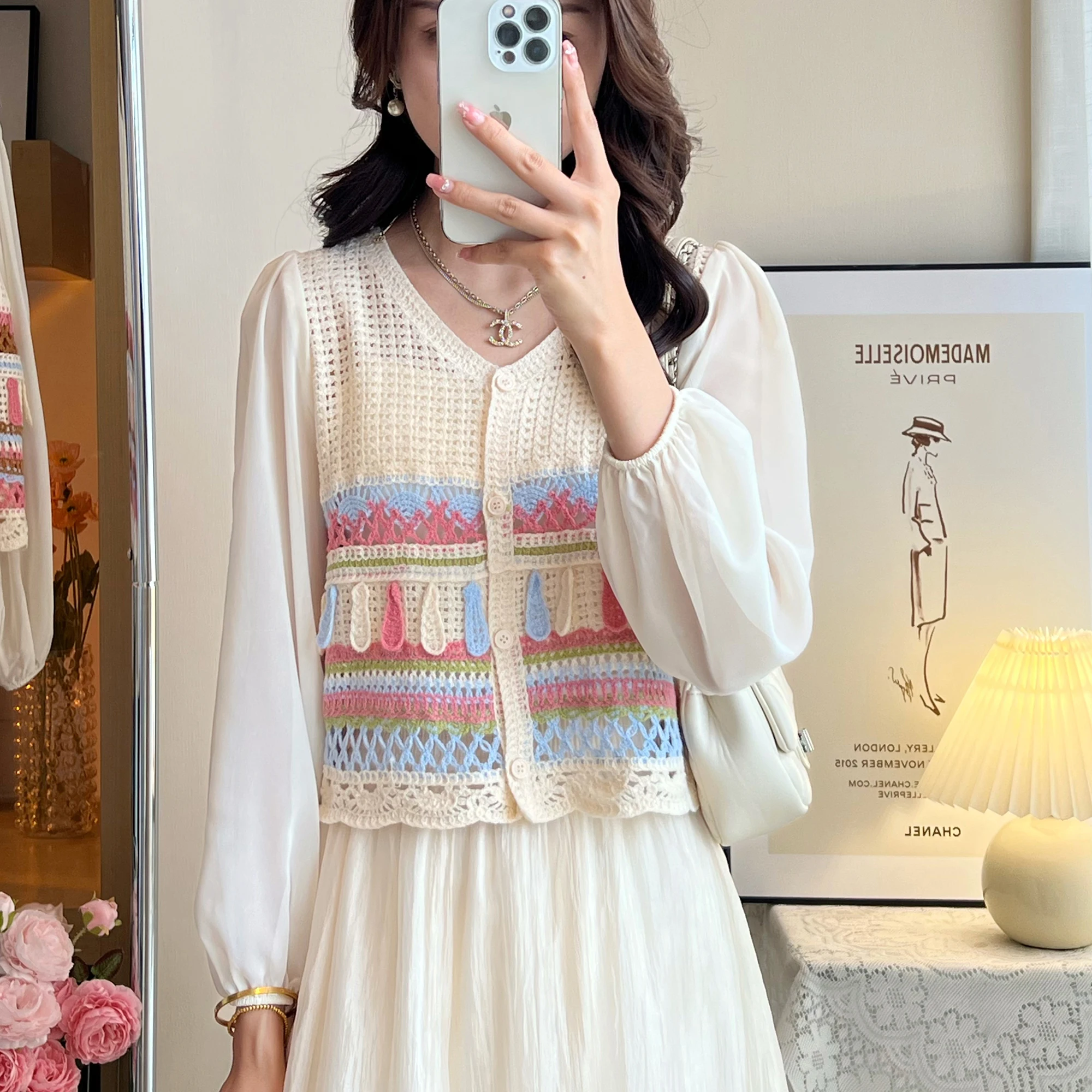 Women Tops Embroidery Crochet Top with Chiffon Sleeve Button Front Airy Shirts Sheer Open-knit Blouses Summer Vacation Outfit