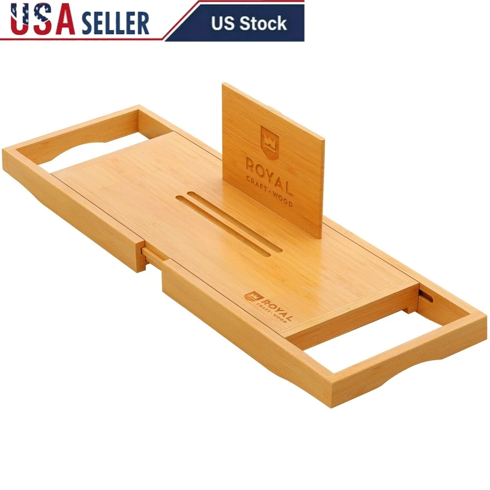 

Natural Bamboo Bathtub Caddy Tray Organizer Water Resistant Luxury Set Candles Drinks Electronics Relaxing Bath Experience
