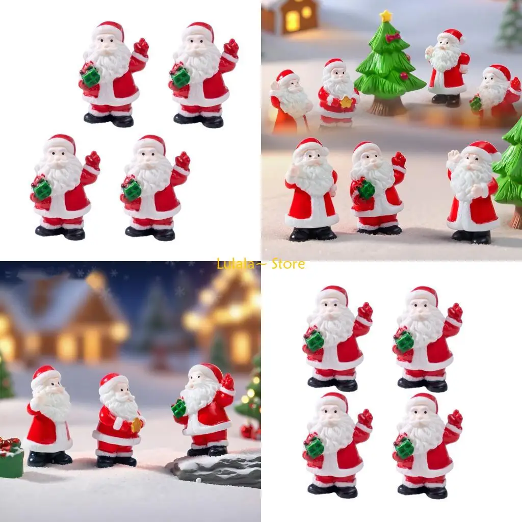 Y4QA Set of 4 Santa Figurines Snow Landscape Resin Crafts Holiday Display Desktop Accessories