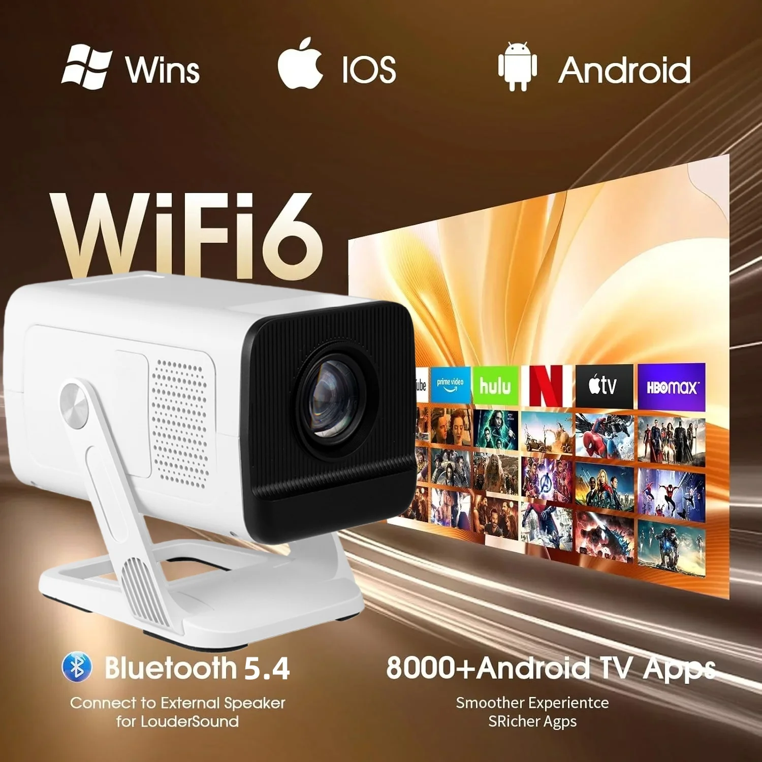 KIXIN Portable projetor 4K Projector 4K 300ANSI WiFi6 Bluetooth 5.4 Android 14 Mini Home Theater Portable projector Outdoor