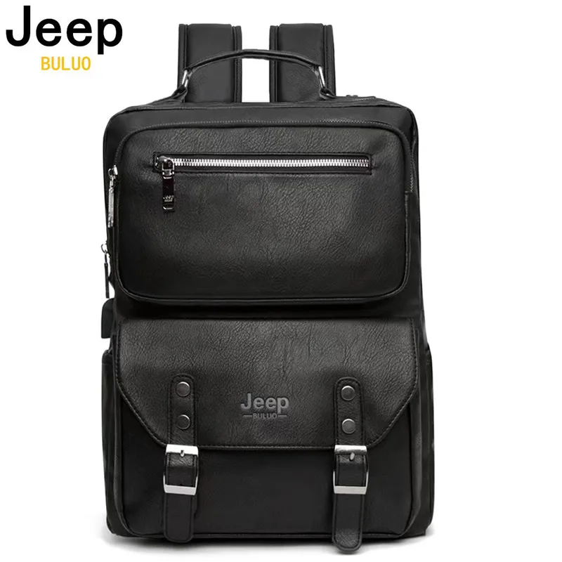 JEEP BULUO Casual 15 inches Laptop Bags Large Capacity Backpack Outdoor Travel Men\'s Bag Travel Split Leather Bags For Man New