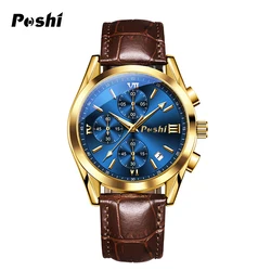 POSHI Original Men Quartz Watch Life Waterproof Luxury Leather Strap Quartz Movement with Date Mens Clock