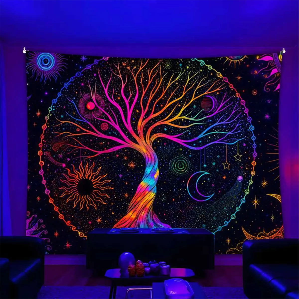 VIKAMA Baum des Lebens Wandteppich, psychedelischer Sternenhimmel, Sonne und Mond, schimmernde Farben, dekorativer Raumakzent im böhmischen Stil