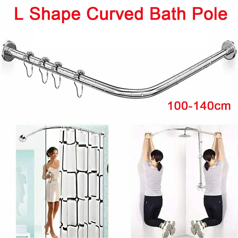 Stretchable Stainless L Shaped Pole Bathroom Corner Shower Curtain Rail Rack Rod